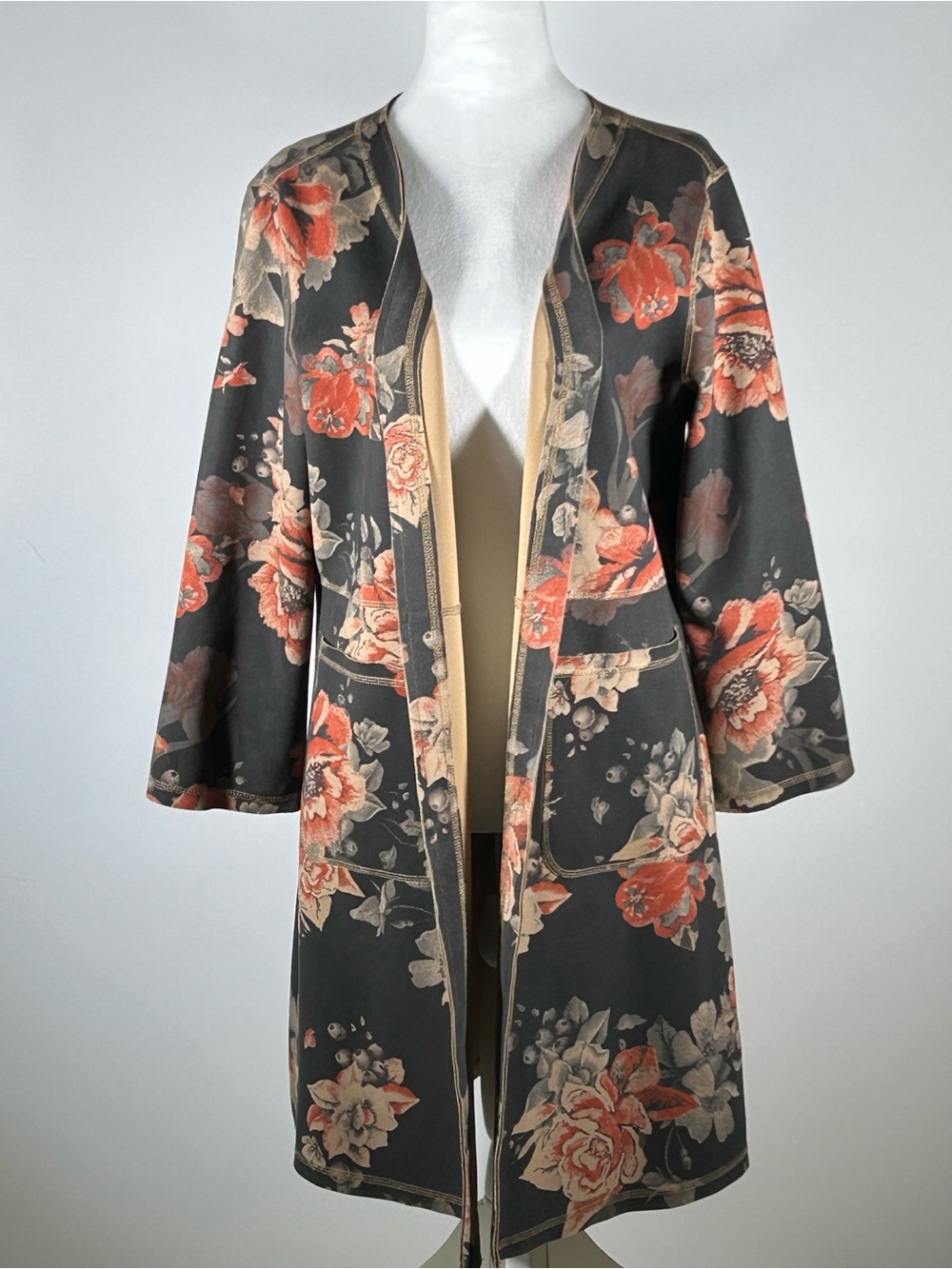 Catherine Malandrino Faux Leather Floral Duster Jacket Kimono Large - Picture 2 of 6